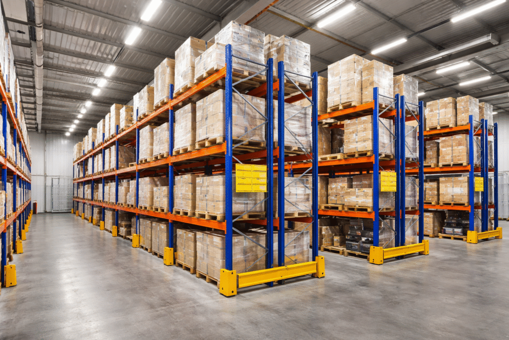 entrepôt moderne avec racks et palettes