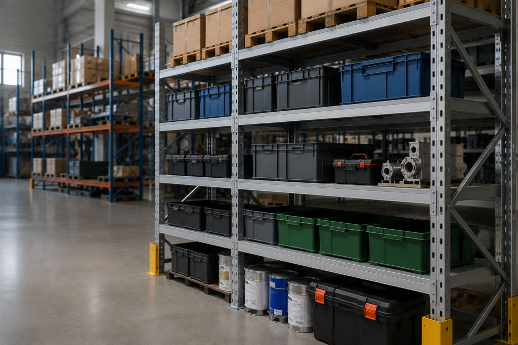 Étagère métallique industrielle en acier pour le stockage de charges lourdes dans un atelier ou un entrepôt.