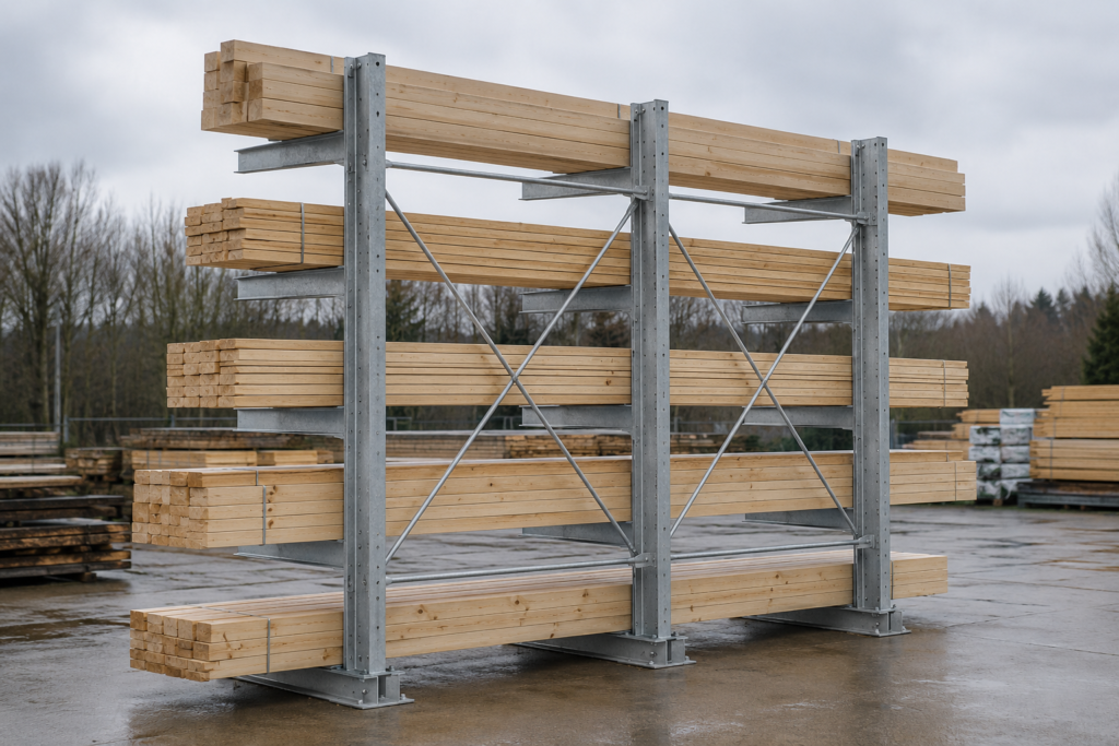 Rack cantilever galvanisé extérieur chargé de bois dans une cour de négoce de matériaux