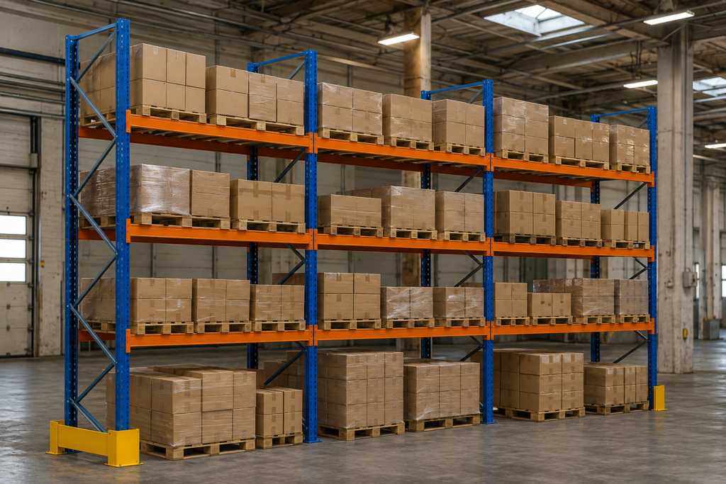 rayonnage industriel avec palettes et cartons