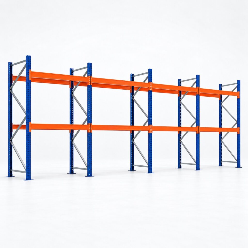 Kit rack à palettes 10,8 m, hauteur 3 m : 4 travées, 5 échelles, lisses de 2 700 mm