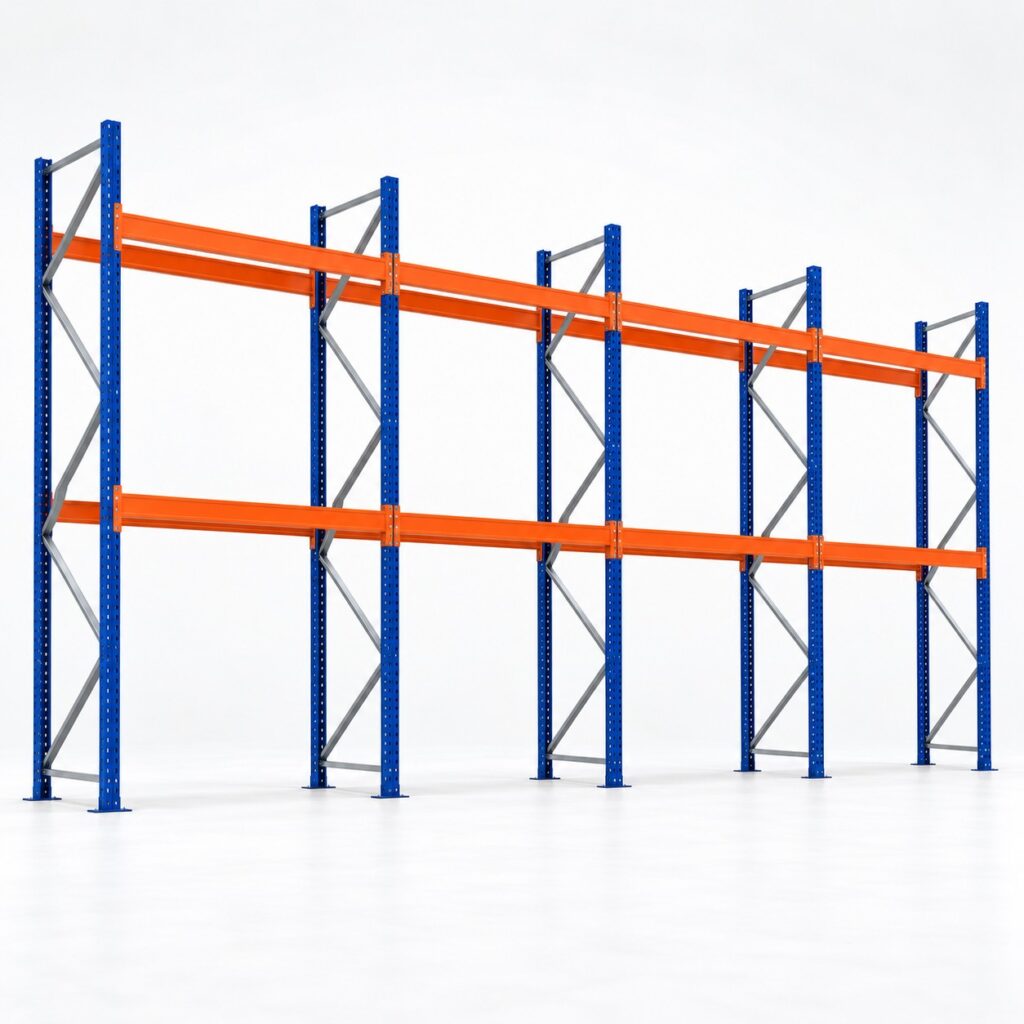 Kit rack à palettes 10,8 m, hauteur 4 m : 4 travées, 5 échelles, lisses de 2 700 mm