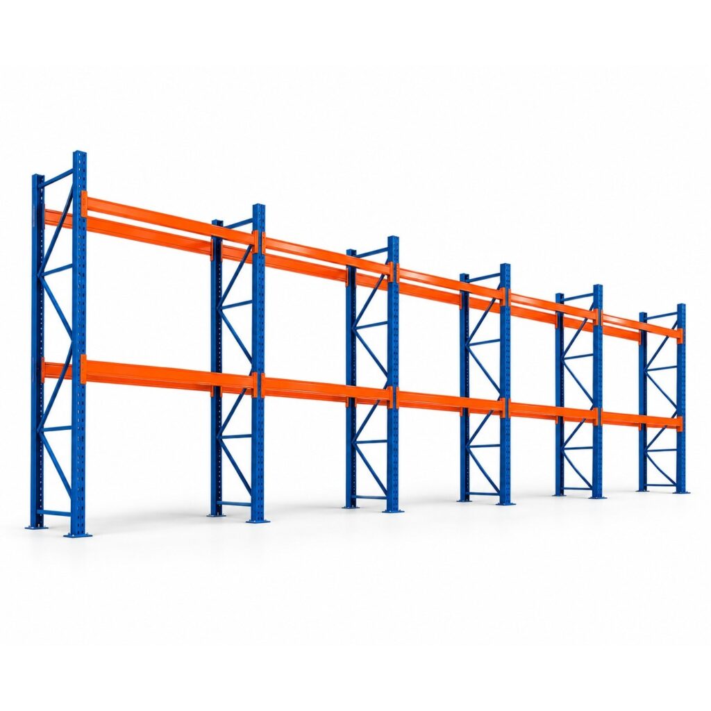 Kit rack à palettes 13,5 m, hauteur 5 m : 5 travées, 6 échelles, lisses de 2 700 mm