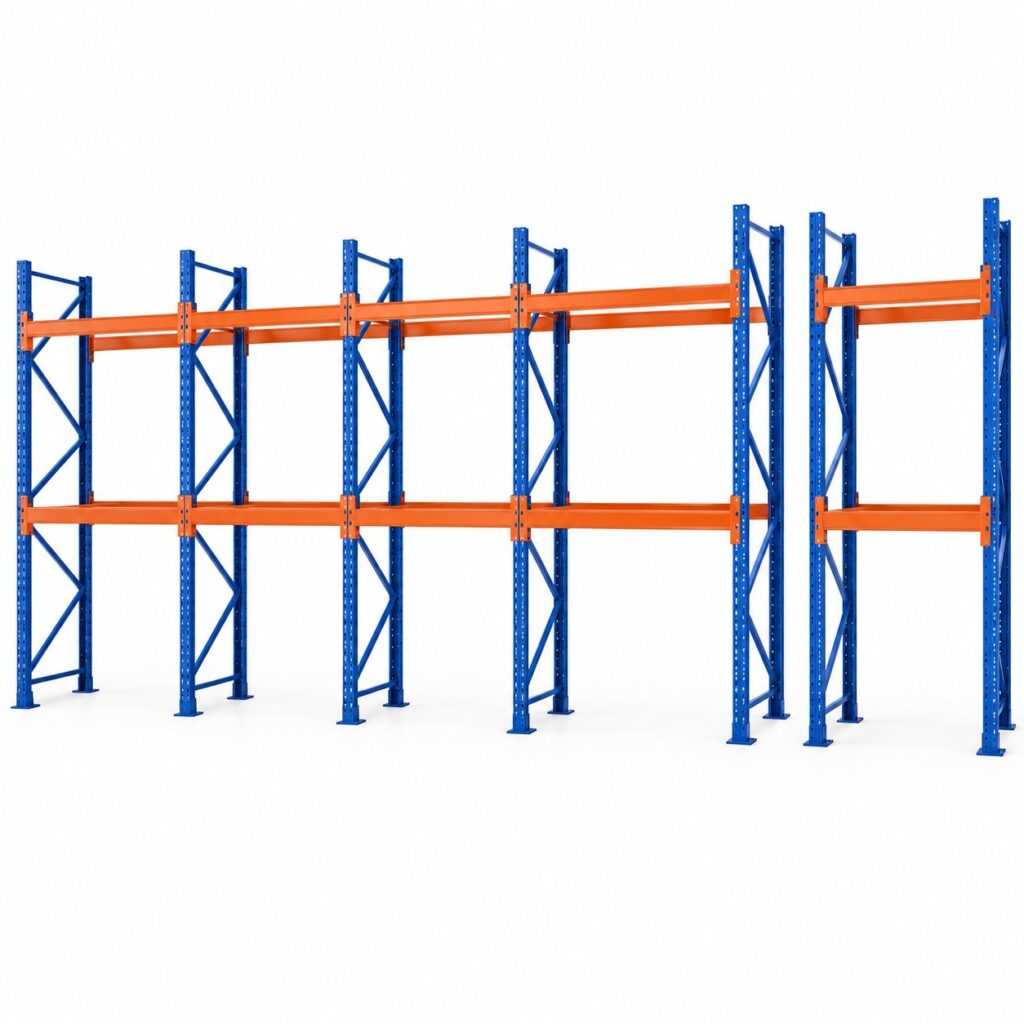 Kit rack à palettes 16 m, hauteur 3 m : 4 travées et 1 travée indépendante, 7 échelles, lisses de 2 700 mm