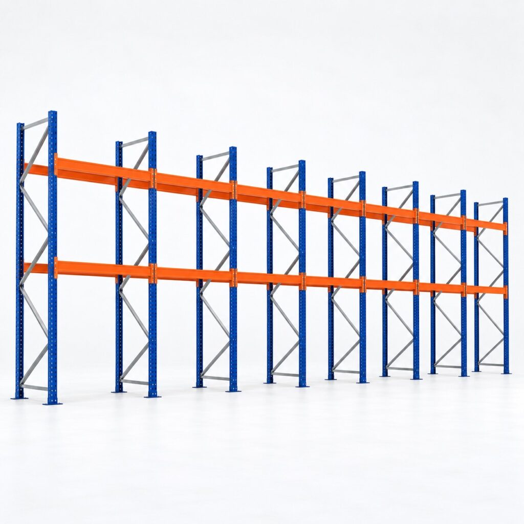 Kit rack à palettes 20 m, hauteur 4 m : 7 travées, 8 échelles, lisses de 2 700 mm