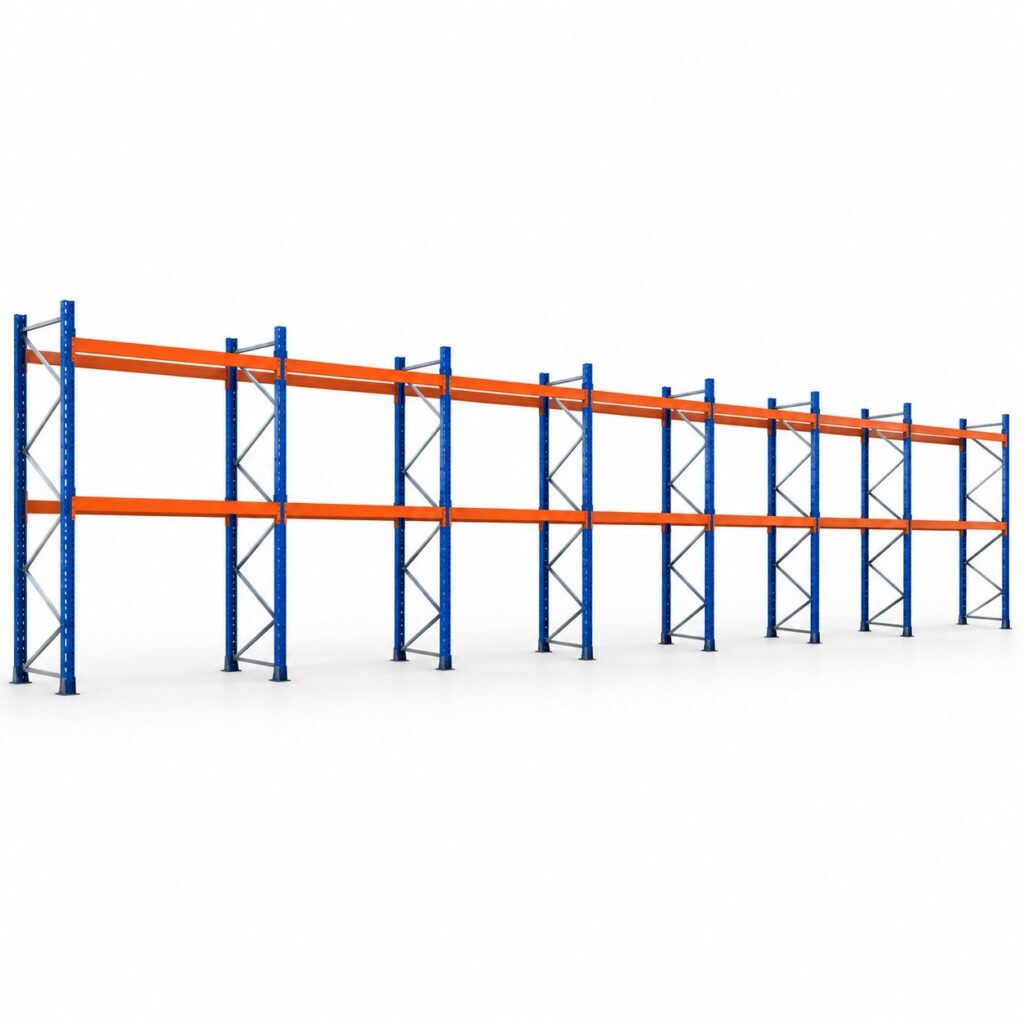 Kit rack à palettes 26 m, hauteur 3 m : 7 travées, 8 échelles, lisses de 3 600 mm