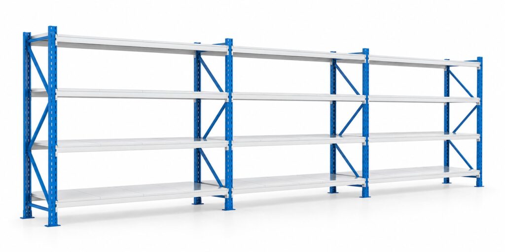 Kit rayonnage mi-lourd 5,4 m, 3 travées et 12 niveaux, vue d'ensemble