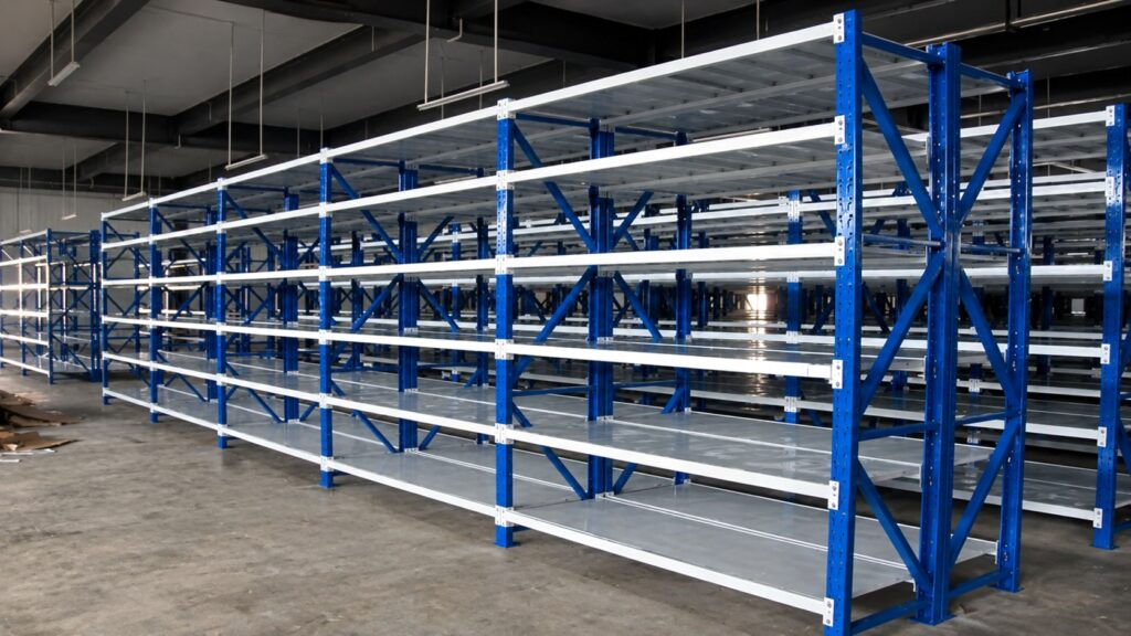 Rayonnage mi-lourd à tablettes, montants bleus et lisses blanches, installé en entrepôt