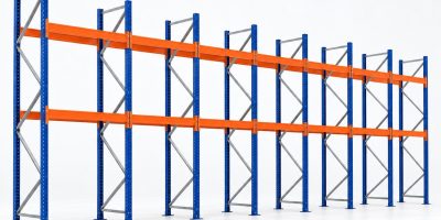 Kit rack à palettes 20 m, hauteur 4 m : 7 travées, 8 échelles, lisses de 2 700 mm